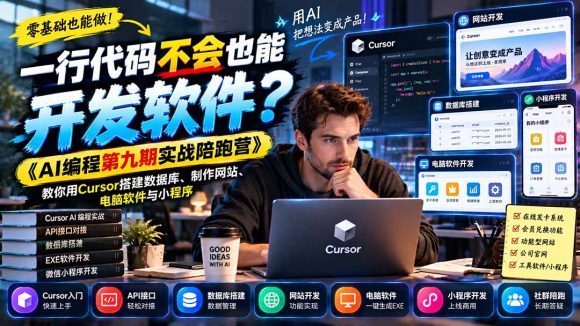 一行代码不会也能开发软件?《AI编程第九期实战陪跑营》教你用Cursor搭建数据库、制作网站、电脑软件与小程序-1 一行代码不会也能开发软件?《AI编程第九期实战陪跑营》教你用Cursor搭建数据库、制作网站、电脑软件与小程序