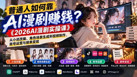 普通人如何靠AI漫剧赚钱?《2026AI漫剧实操课》从小说改编、角色场景生成到视频制作、账号运营与接单变现-1 普通人如何靠AI漫剧赚钱?《2026AI漫剧实操课》从小说改编、角色场景生成到视频制作、账号运营与接单变现