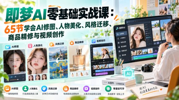 即梦AI零基础实战课:65节学会AI修图、人物美化、风格迁移、商品精修与视频创作-1 即梦AI零基础实战课:65节学会AI修图、人物美化、风格迁移、商品精修与视频创作