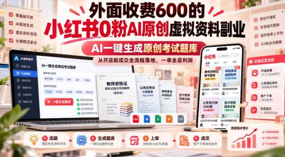外面收费600的小红书0粉AI原创虚拟资料副业,AI一键生成原创考试题库,从开店到成交全流程落地,一单全是利润-1 外面收费600的小红书0粉AI原创虚拟资料副业,AI一键生成原创考试题库,从开店到成交全流程落地,一单全是利润