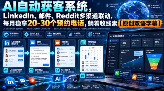 【无水印】AI自动获客系统,LinkedIn、邮件、Reddit多渠道联动,每月稳拿20-30个预约电话,躺着收线索【原创双语字幕】-1 【无水印】AI自动获客系统,LinkedIn、邮件、Reddit多渠道联动,每月稳拿20-30个预约电话,躺着收线索【原创双语字幕】