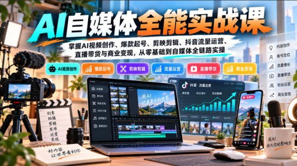 【无水印】AI自媒体全能实战课,掌握AI视频创作、爆款起号、剪映剪辑、抖音流量运营、直播带货与商业变现,从零基础到自媒体全链路实操-1 【无水印】AI自媒体全能实战课,掌握AI视频创作、爆款起号、剪映剪辑、抖音流量运营、直播带货与商业变现,从零基础到自媒体全链路实操
