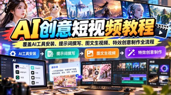 AI创意短视频教程,覆盖AI工具安装、提示词撰写、图文生视频、特效创意制作全流程-1 AI创意短视频教程,覆盖AI工具安装、提示词撰写、图文生视频、特效创意制作全流程