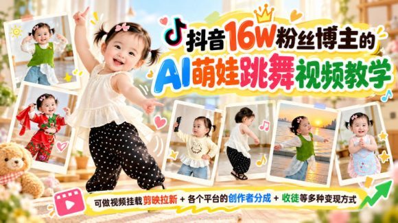 抖音16W粉丝博主的AI萌娃跳舞视频教学,可做视频挂载剪映拉新+各个平台的创作者分成+收徒等多种变现方式,单月1W+-1 抖音16W粉丝博主的AI萌娃跳舞视频教学,可做视频挂载剪映拉新+各个平台的创作者分成+收徒等多种变现方式,单月1W+