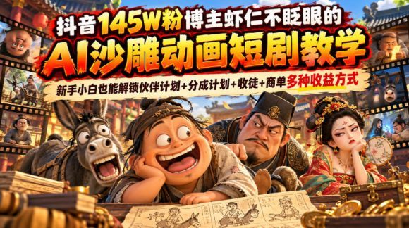 抖音145W粉博主虾仁不眨眼的AI沙雕动画短剧教学，新手小白也能解锁伙伴计划+分成计划+收徒+商单多种收益方式