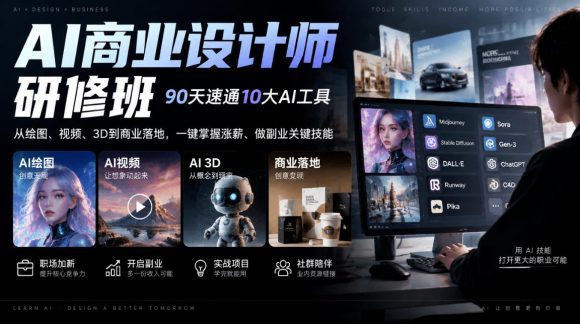 AI商业设计师研修班,90天速通10大AI工具,从绘图、视频、3D到商业落地,一键掌握涨薪、做副业关键技能-1 AI商业设计师研修班,90天速通10大AI工具,从绘图、视频、3D到商业落地,一键掌握涨薪、做副业关键技能