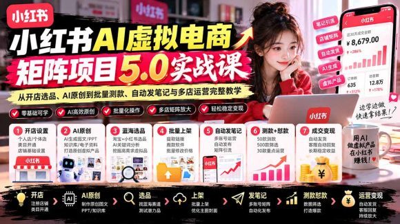 小红书AI虚拟电商矩阵5.0实战课:从开店选品、AI原创到批量测款、自动发笔记与多店运营完整教学-1 小红书AI虚拟电商矩阵5.0实战课:从开店选品、AI原创到批量测款、自动发笔记与多店运营完整教学