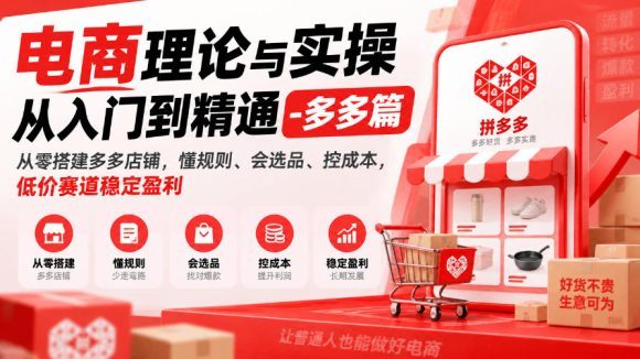 电商理论与实操从入门到精通-多多篇，从零搭建多多店铺，懂规则、会选品、控成本，低价赛道稳定盈利