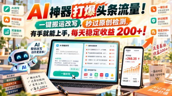 AI神器打爆头条流量,一键搬运改写,秒过原创检测,有手就能上手,每天稳定收益200+!【揭秘】-1 AI神器打爆头条流量,一键搬运改写,秒过原创检测,有手就能上手,每天稳定收益200+!【揭秘】