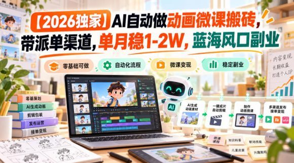 【2026独家】AI自动做动画微课搬砖，带派单渠道，单月稳1-2W，蓝海风口副业【揭秘】